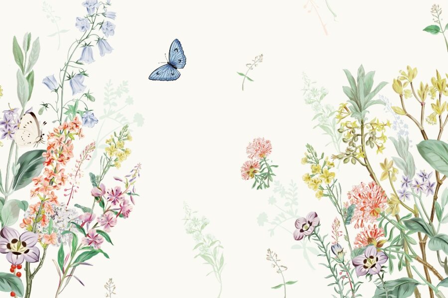 Fototapete mit zartem floralem Motiv in ruhigen Farben Blauer Schmetterling - Bild Nummer 2