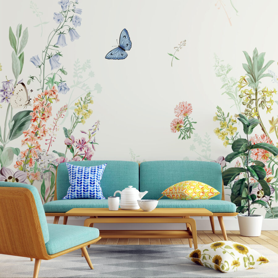 Fototapete mit zartem floralem Motiv in ruhigen Farben Blauer Schmetterling - Hauptproduktbild