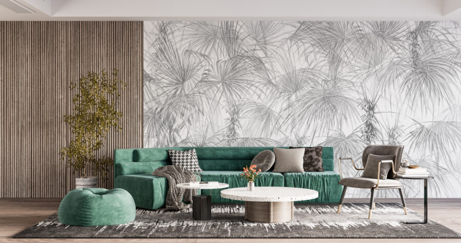 Fototapete mit exotischem Thema in monochromer Farbgebung, ideal für moderne Räume Graue Palmen - Hauptproduktbild