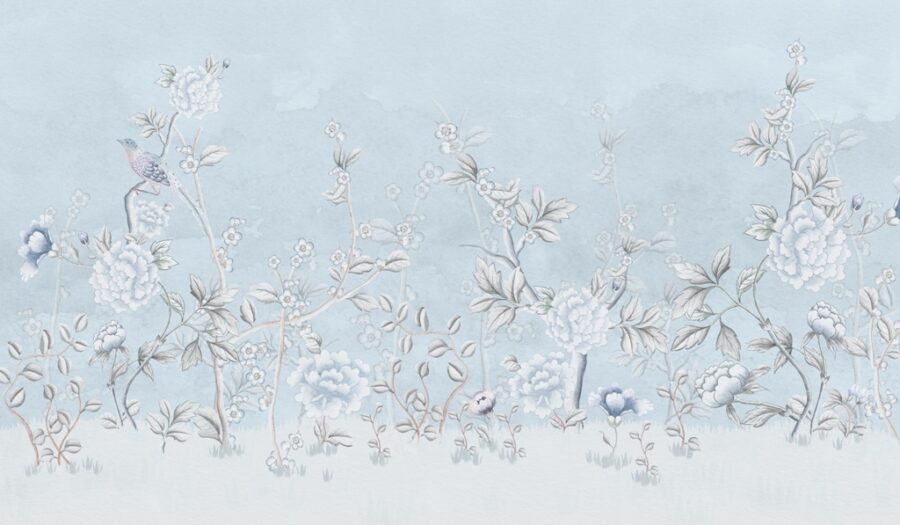 Fototapeta z wiosennym motywem kwiatowym na niebieskim tle, klasyczna i niebanalna Białe Kwiaty - zdjęcie numer 2