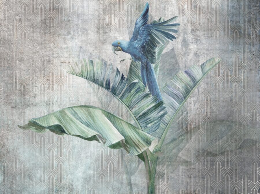 Fototapete mit grüner exotischer Pflanze und Papagei auf grauem uneinheitlichem Hintergrund Blauer Papagei - Bildnummer 2