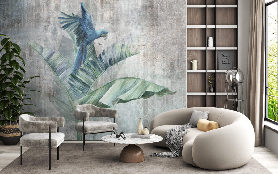 Fototapete mit grüner exotischer Pflanze und Papagei auf grauem uneinheitlichem Hintergrund Blauer Papagei - Hauptproduktbild