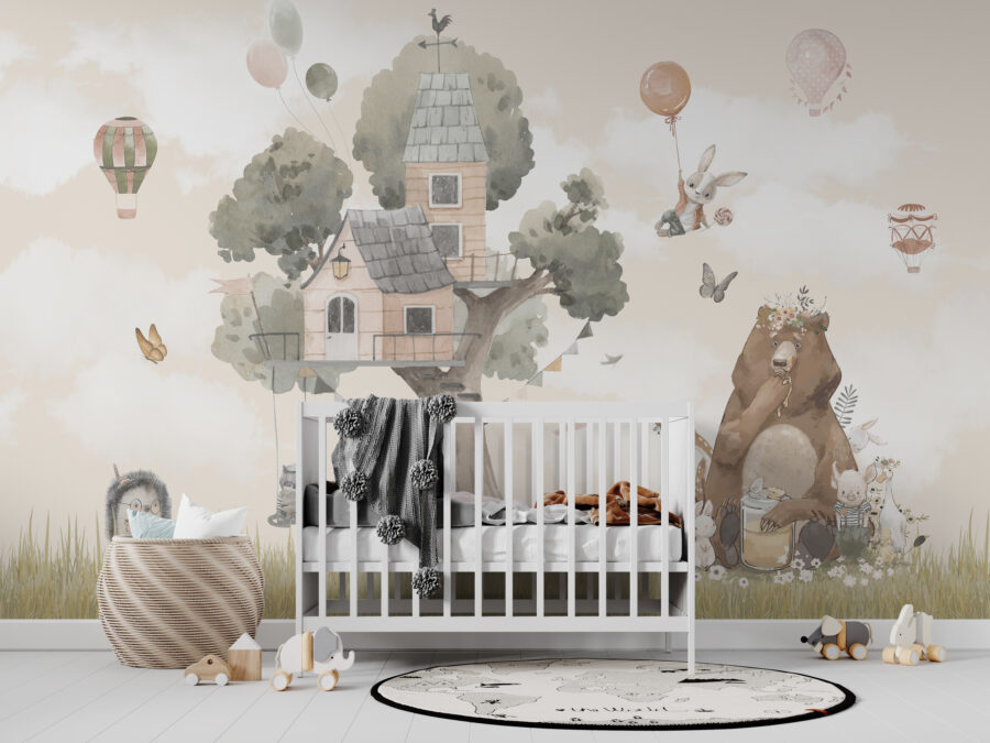 Fototapete in Form einer Illustration einer märchenhaften Szene in Farben, die für ein Kinderzimmer geeignet sind Baumhaus für Kinder - Hauptproduktbild