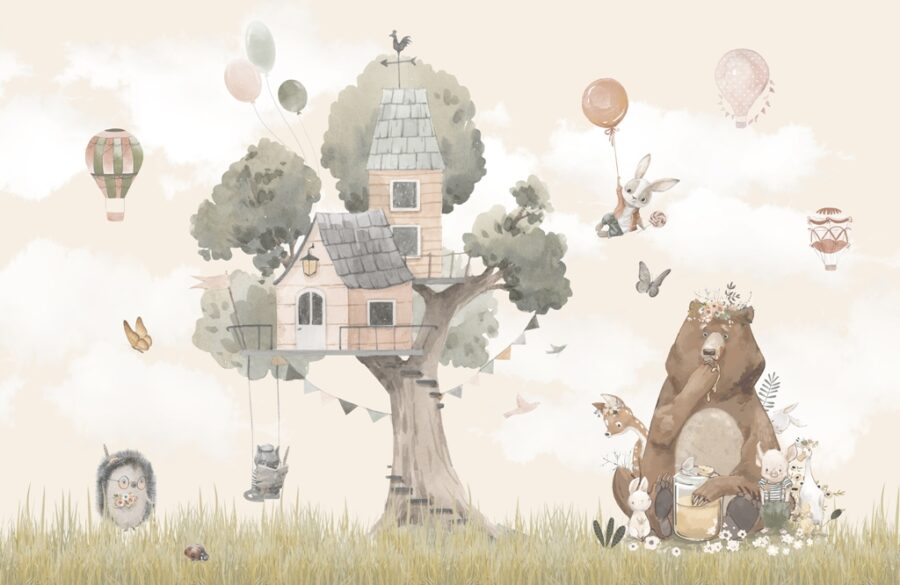 Fototapete in Form einer Illustration einer märchenhaften Szene in Farben, die für ein Kinderzimmer geeignet sind Baumhaus für Kinder - Bild Nummer 2
