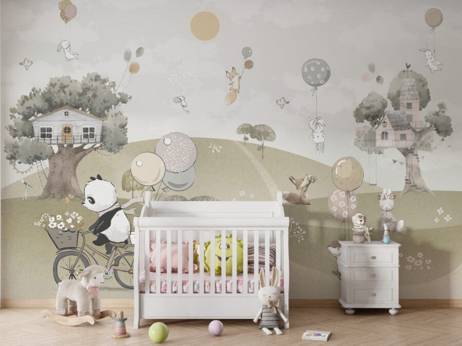 Fototapete mit Blumen- und Tiermotiven in zartem Taupe ideal für Kinderzimmer Baumhäuser - Hauptproduktbild