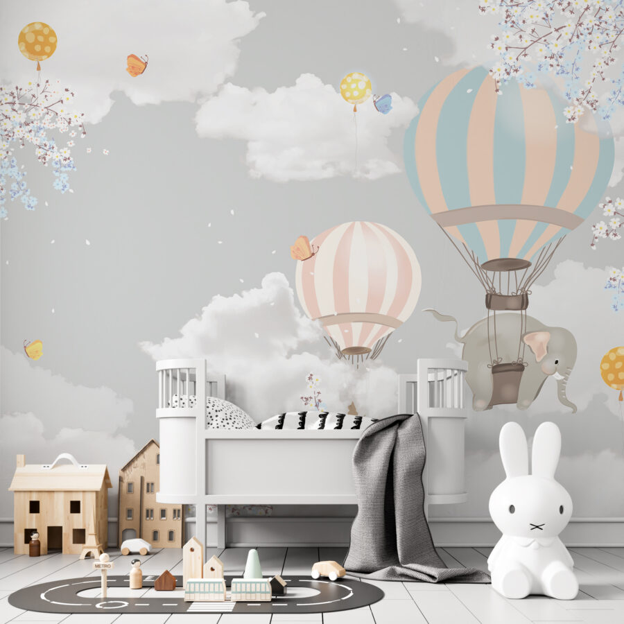 Märchenhaftes Wandbild in gedeckten Farben, ideal für ein Kinderzimmer Fliegender Elefant - Hauptproduktbild