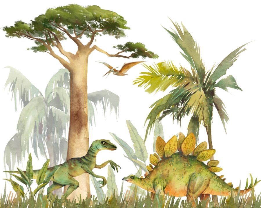 Fototapete in warmem Grün und Grau für Kinderzimmer Happy Dinosaurs - Bild Nummer 2