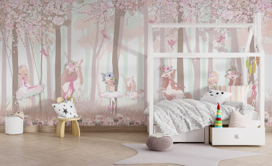 Ein Wandbild, das perfekt für eine kleine Prinzessin ist, mit Ballerinas und einem Einhorn in einer natürlichen Umgebung Fairytale Forest Dance - Hauptproduktbild
