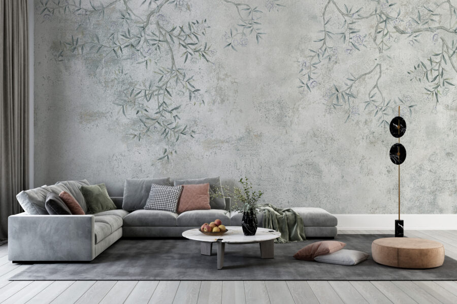 Fototapete in den Trendfarben Grau und Blau Twigs on the Wall - Hauptproduktbild