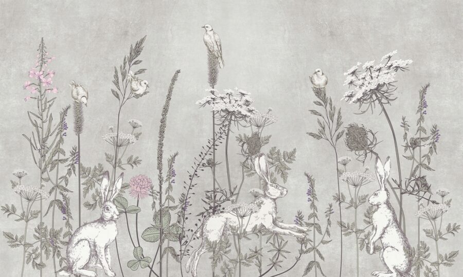 Fototapete in Weiß und Grau mit Blumen- und Tiermotiven Tauben und Hasen - Bild Nummer 2