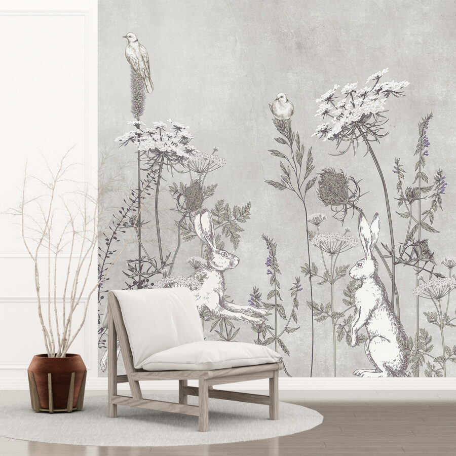 Fototapete in Weiß und Grau mit Blumen- und Tiermotiv Tauben und Hasen - Hauptproduktbild