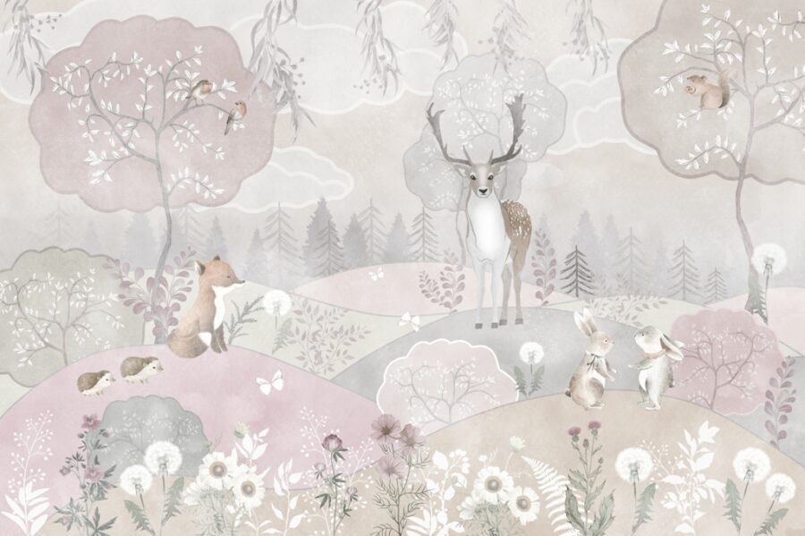 Fototapete in sanften Rosa- und Grautönen mit einem Waldmotiv, ideal für ein Kinderzimmer Bright Forest - Bild Nummer 2