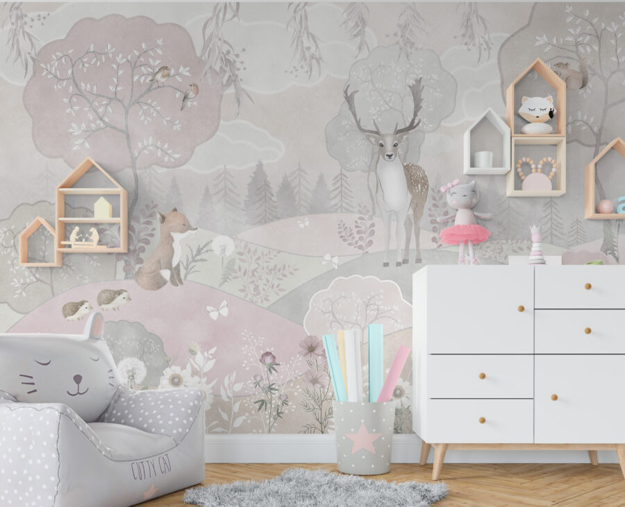 Fototapete in sanften Rosa- und Grautönen mit einem Waldmotiv, ideal für ein Kinderzimmer Bright Forest - Hauptproduktbild