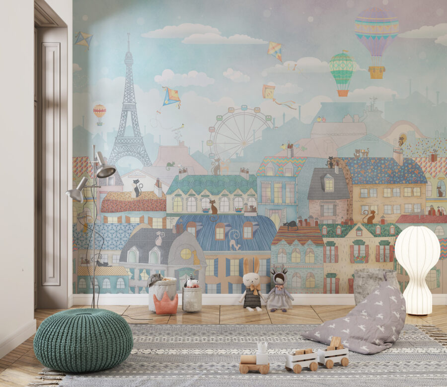 Bunte Fototapete mit einem Panorama der französischen Hauptstadt, ein interessanter Vorschlag für Liebhaber von Reisen und der Stadt an der Seine Buntes Paris - Hauptproduktbild