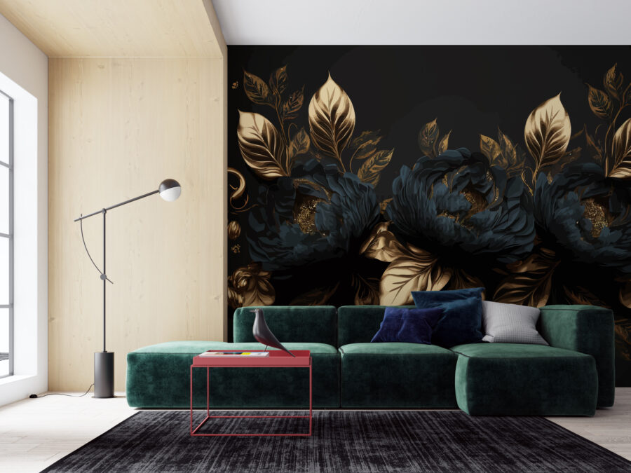 Wandbild mit großen Pfingstrosenblüten in ungewöhnlichen dunklen Farben, elegant und faszinierend Granatapfel und Goldblume - Hauptproduktbild