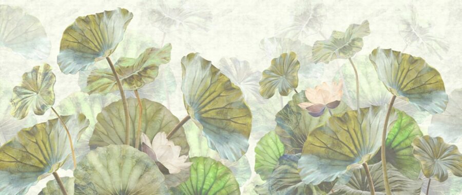 Fototapete mit großen grünen Blättern auf einem neutralen grauen Hintergrund Wald aus Wasserblättern - Bild Nummer 2