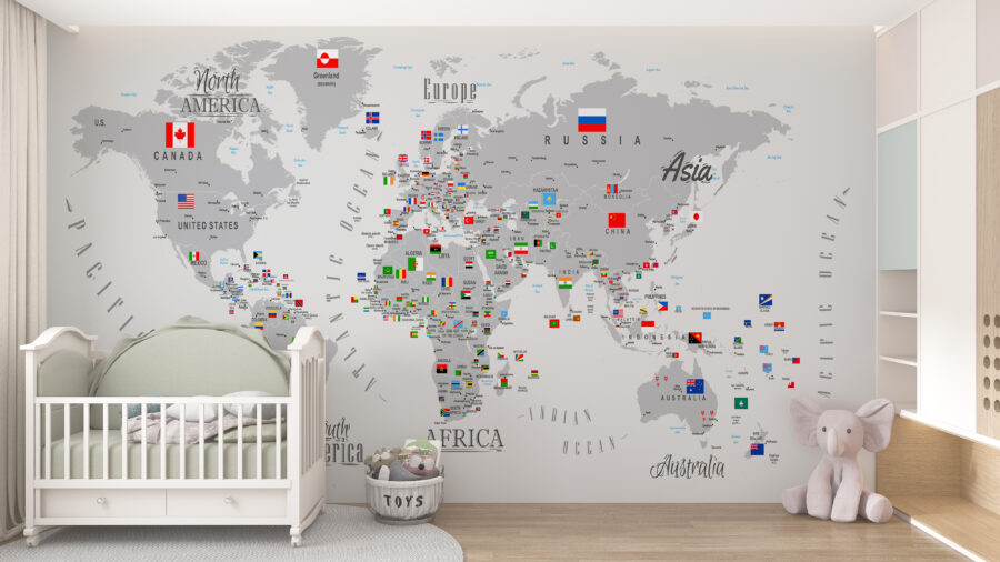Fototapete für Geographie-Liebhaber mit bunten Flaggen auf grauen Kontinenten Weltkarte mit Flaggen - Hauptproduktbild