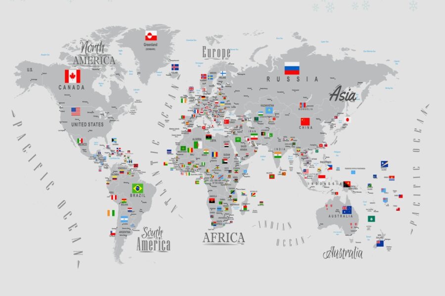 Fototapete für Geographie-Liebhaber mit bunten Flaggen auf grauen Kontinenten Weltkarte mit Flaggen - Bild Nummer 2