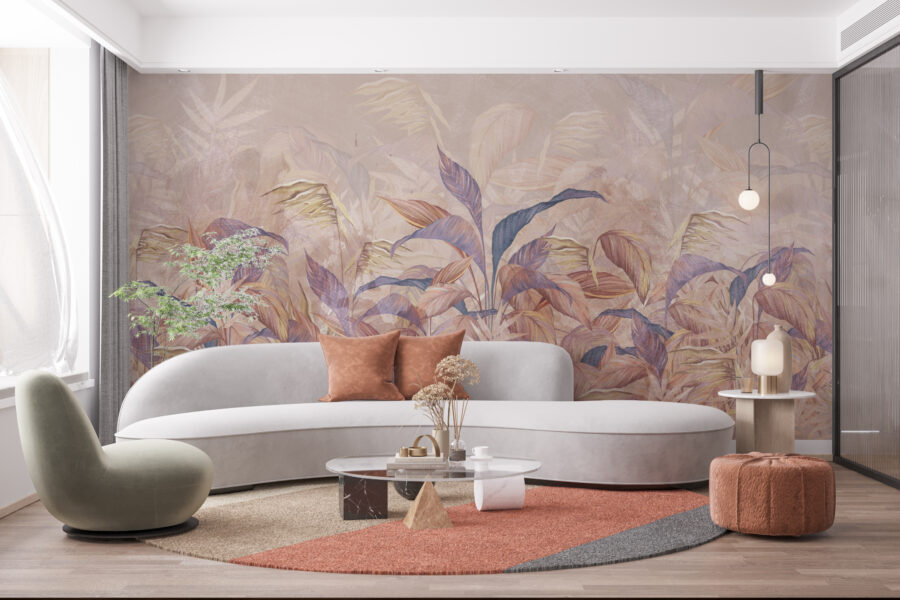 Fototapete mit exotischem Blumenmotiv in warmen, femininen Farben, ideal für Wohnzimmer oder Schlafzimmer Pink Leaf Thicket - Hauptproduktbild