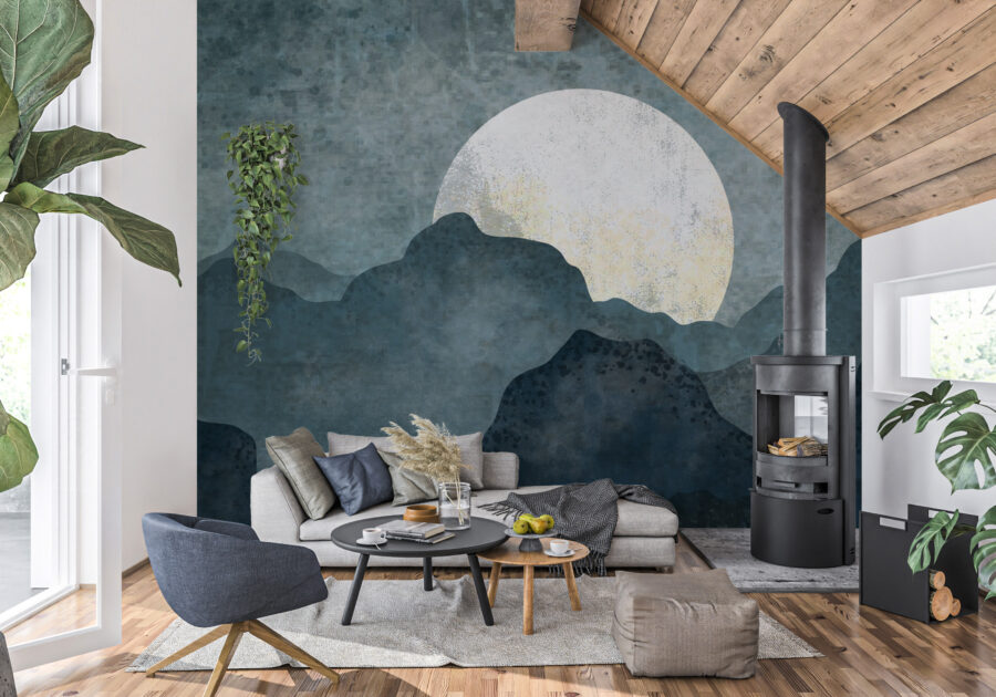 Fototapete in dunklen Farben mit hohen Bergen und Vollmond ideal für Wohnzimmer oder Schlafzimmer Silver Moon - Hauptproduktbild