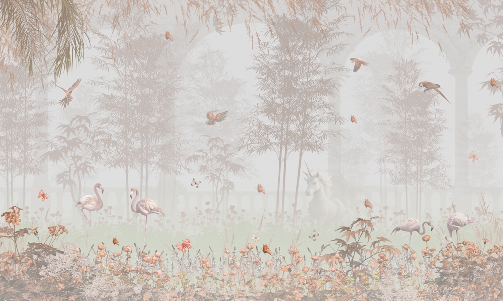 Eine Fototapete in sanften Farben mit einem märchenhaften Motiv Verstecktes Einhorn - Bild Nummer 2