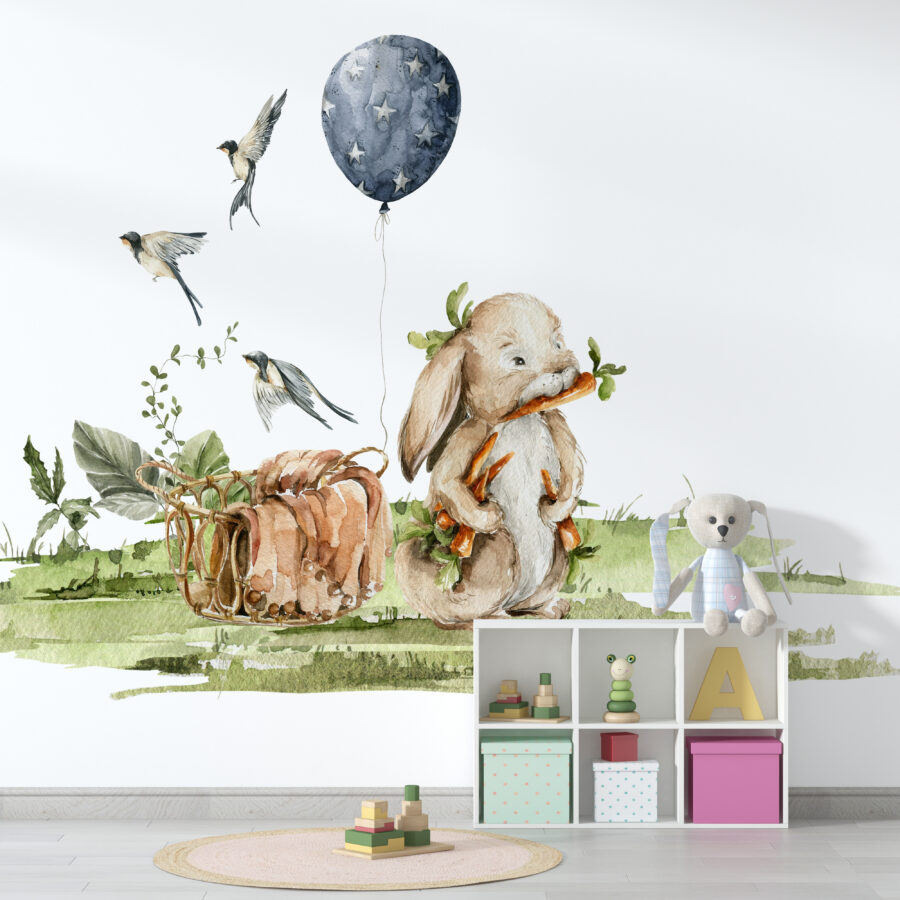Fototapete mit fröhlichem Märchenmotiv für Kinder Hase mit Luftballon - Hauptproduktbild