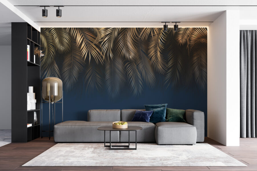 Eine in Inhalt und Farben elegante Fototapete mit klarem Marineblau und tropischen Blättern Golden Palm - Hauptproduktbild
