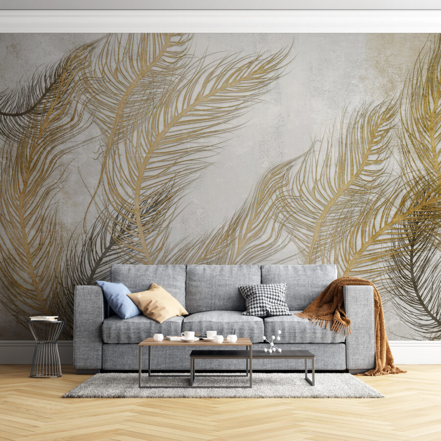 Fototapete mit Palmenblättern, die frei in der Luft fliegen, dezent und elegant für jedes Interieur Golden Leaves on the Wind - Hauptproduktbild