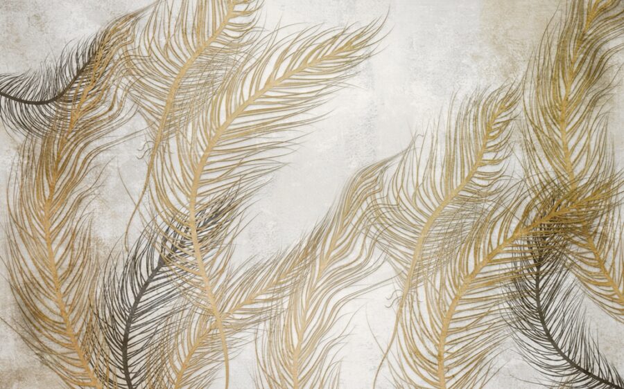 Fototapeta z liśćmi palmy swobodnie fruwającymi w powietrzu, subtelna i elegancka do każdego wnętrza Złote Liście Na Wietrze - zdjęcie numer 2