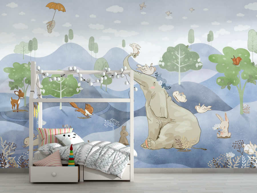 Tierspiel Illustration Wandbild ideal für Kinderzimmer Elefant in Blau - Hauptproduktbild