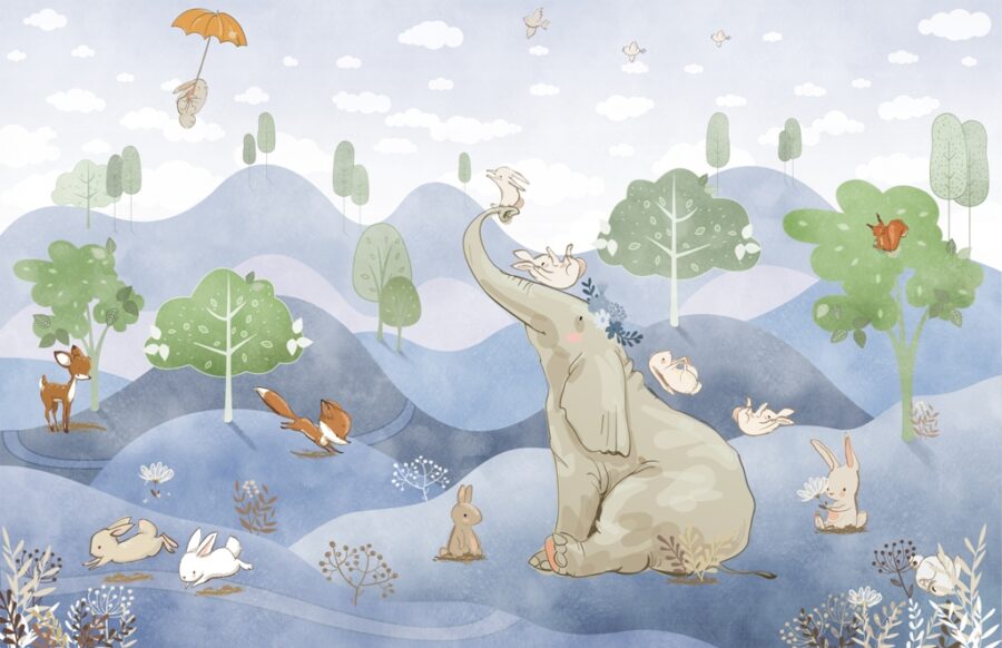 Tierspiel Illustration Fototapete ideal für Kinderzimmer Elefant in Blau - Bild Nummer 2