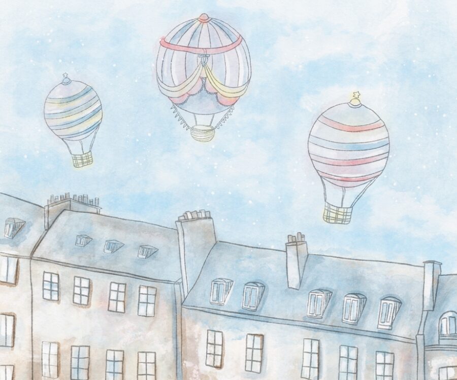 Fototapeta w delikatnych kolorach z balonami latającymi nad wysokimi kamienicami Balony Nad Miastem - zdjęcie numer 2