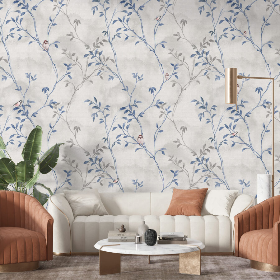 Fototapete im Boho-Stil für jede Einrichtung, für Retro-Liebhaber Blue Leaves - Hauptproduktbild