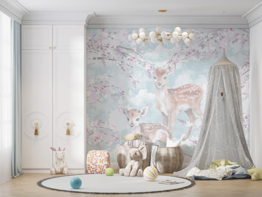 Fototapete mit einem Waldmotiv in sanften Pastellfarben, ideal für ein Kinderzimmer Zwei Hirsche - Hauptproduktbild