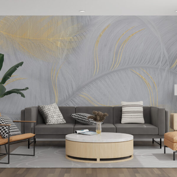 Fototapete in gedämpftem Grau und Gold, elegant und minimalistisch Wavy Leaf - Hauptproduktbild
