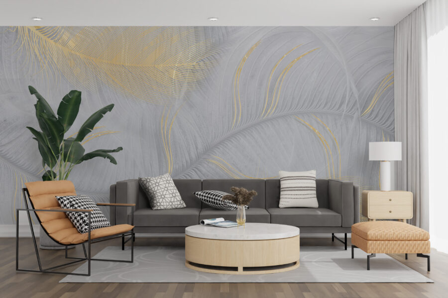 Fototapete in gedämpftem Grau und Gold, elegant und minimalistisch Wavy Leaf - Hauptproduktbild