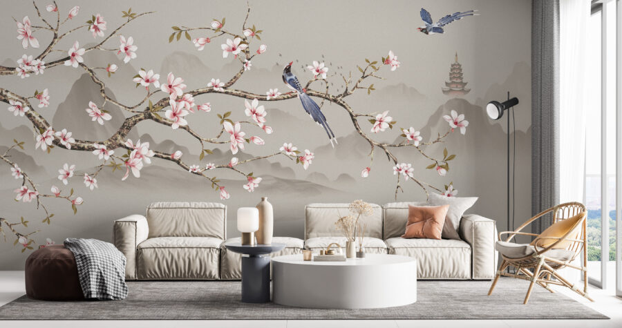 Fototapete im asiatischen Stil, moderne Grafik mit Kirschblütenzweig und Pagode im Hintergrund Cherry Blossom - Hauptproduktbild