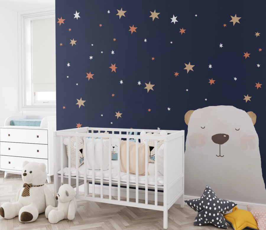 Fototapete mit Nachthimmel und bunten Sternen und weißem schlafenden Teddybär für Kinderzimmer Bear in the Stars - Hauptproduktbild