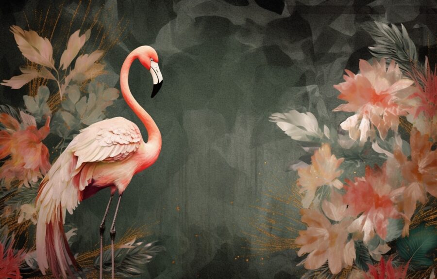 Fototapete in dunklen und kräftigen Farben mit einem Flamingo zwischen Blumen Pink Exotics - Bild Nummer 2