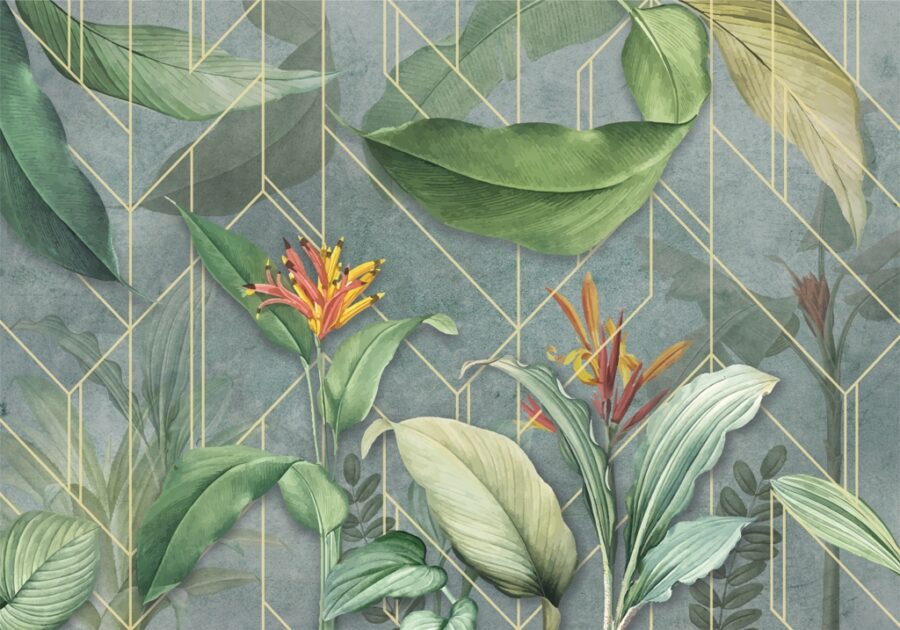 Fototapete in kräftigen Farben mit Strelitzienblüten und goldenen Linien Tropics On Tiles - Bild Nummer 2