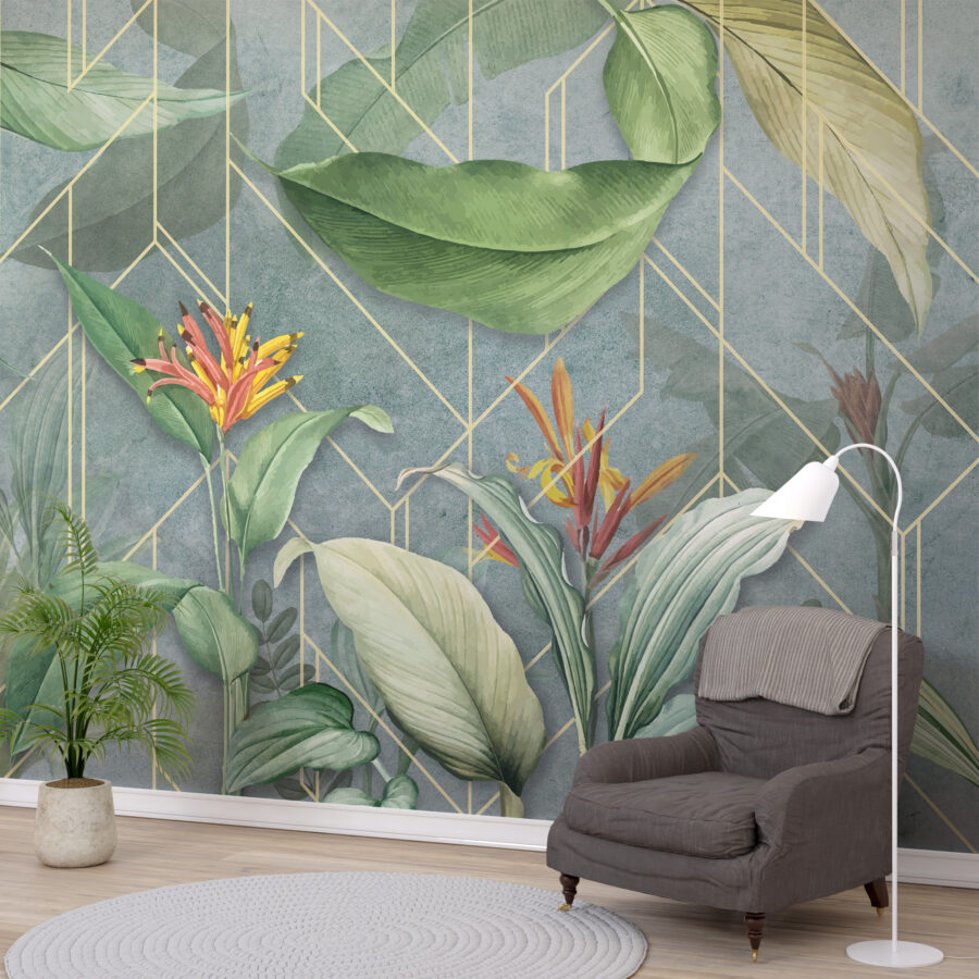 Wandbild in kräftigen Farben mit Strelitzienblüten und goldenen Linien Tropics On Tiles - Hauptproduktbild