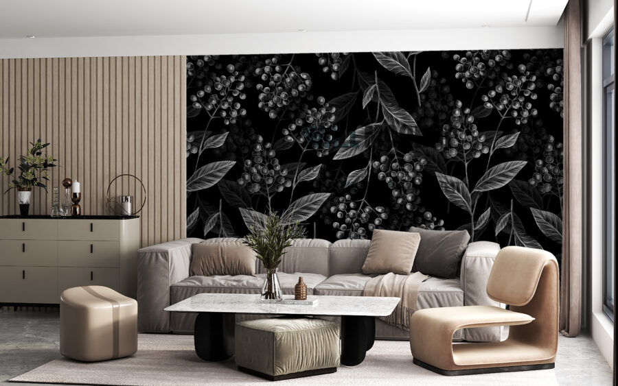 Wandbild aus Zweigen mit Blättern und Beeren auf schwarzem Hintergrund, elegant und originell Schwarze Beeren - Hauptproduktbild