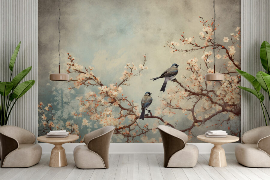 Fototapete im asiatischen Stil mit klassischem Vogelmotiv auf einem blühenden Baum Birds On A Branch - Hauptproduktbild