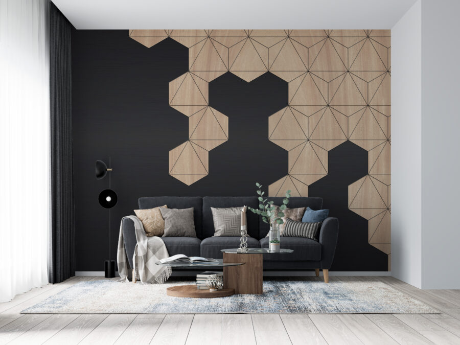 Geometrische Fototapete in Schwarz und sanften Brauntönen - das moderne Honeycomb-Motiv - Hauptproduktbild