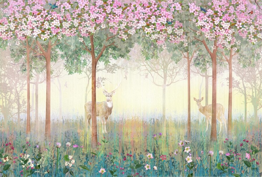 Fototapete voller Blumen, realistisch, ideal für das Schlafzimmer Deer in Pink Flowers - Bild Nummer 2