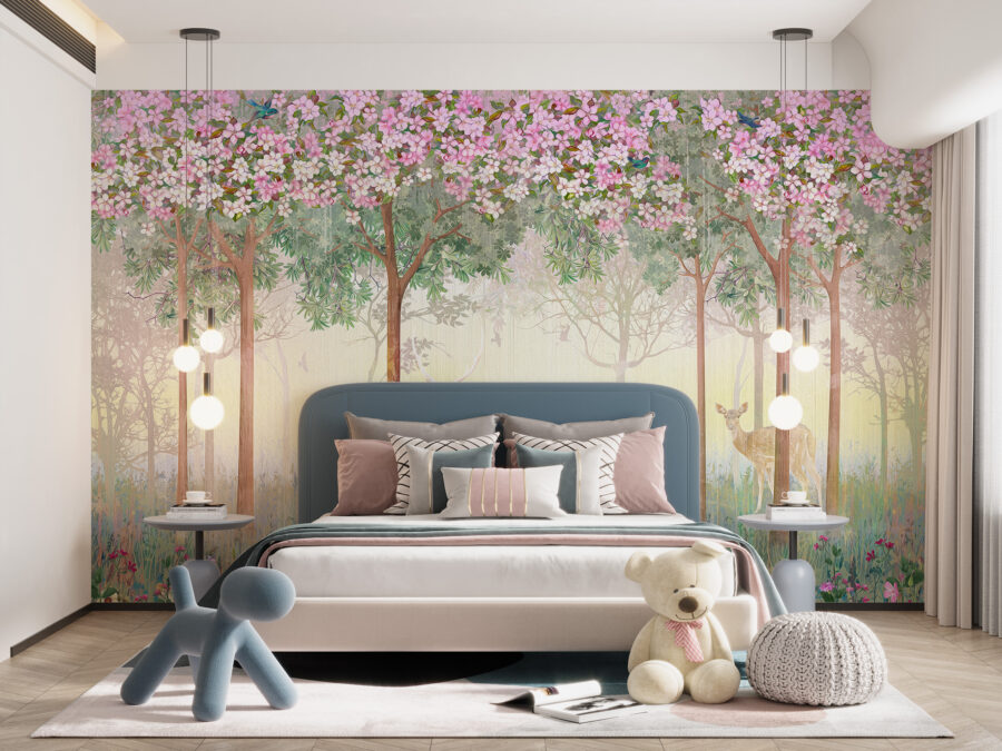 Fototapete voller Blumen, realistisch, ideal für das Schlafzimmer Deer in Pink Flowers - Hauptproduktbild