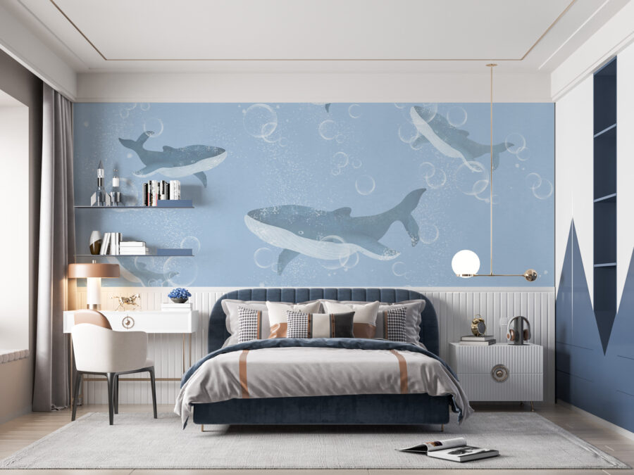 Fototapete in entspannendem Blau, ideal für Kinderzimmer oder Schlafzimmer Flock of Whales - Hauptproduktbild