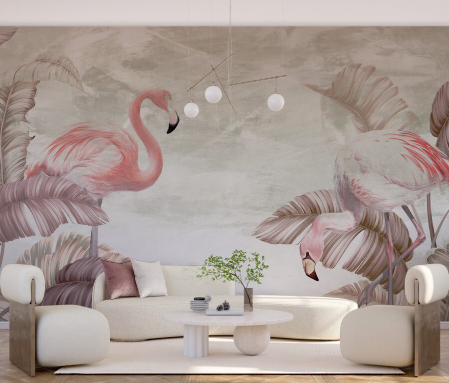 Fototapete mit rosa Flamingos in Schleifen, gedeckte Farben an der Wand Flamingo Dance - Hauptproduktbild