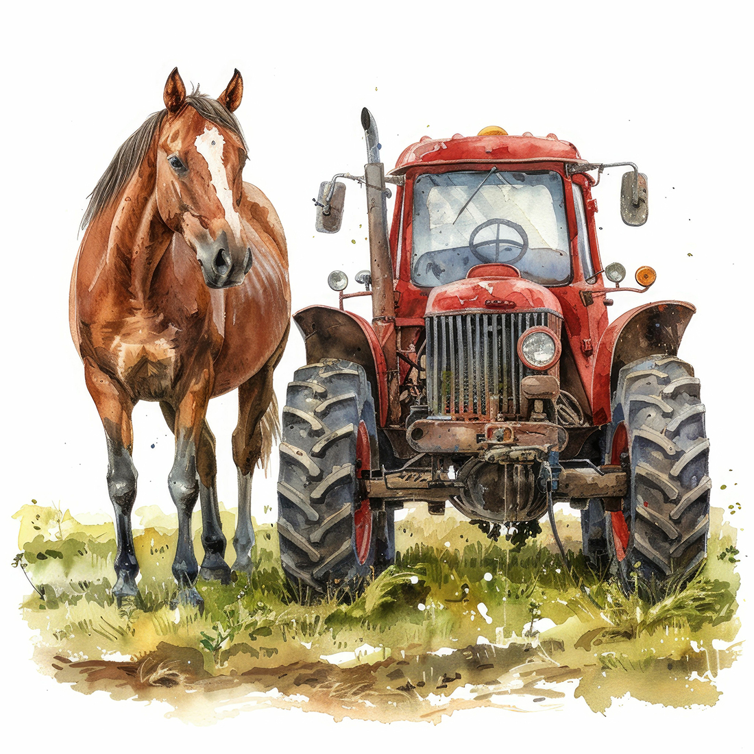 Ein Pferd steht neben einem alten roten Traktor in einem üppigen grünen Feld
