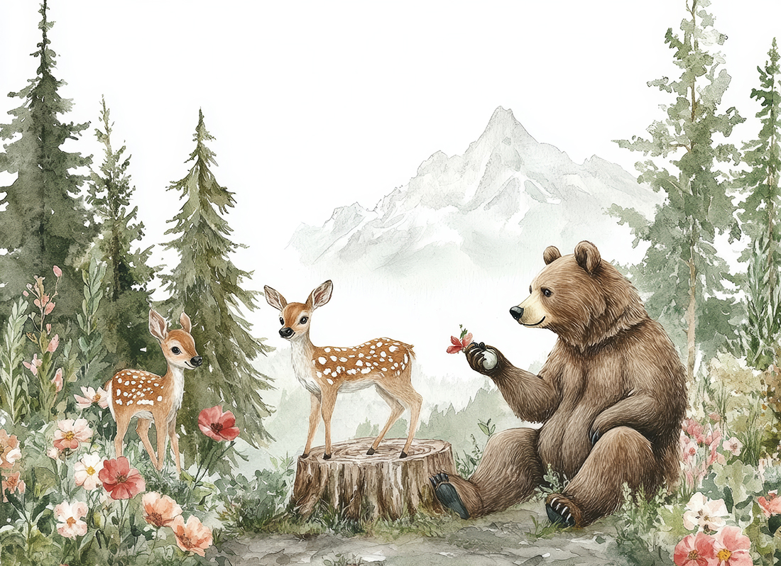 Aquarell Waldszene mit Braunbär, Hirsch, Blumen, Bäumen und